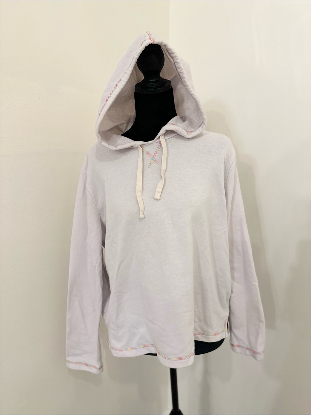 J. Crew Size Large Lightweight White Semi-Crop Hoodie w/ Rainbow Stitching